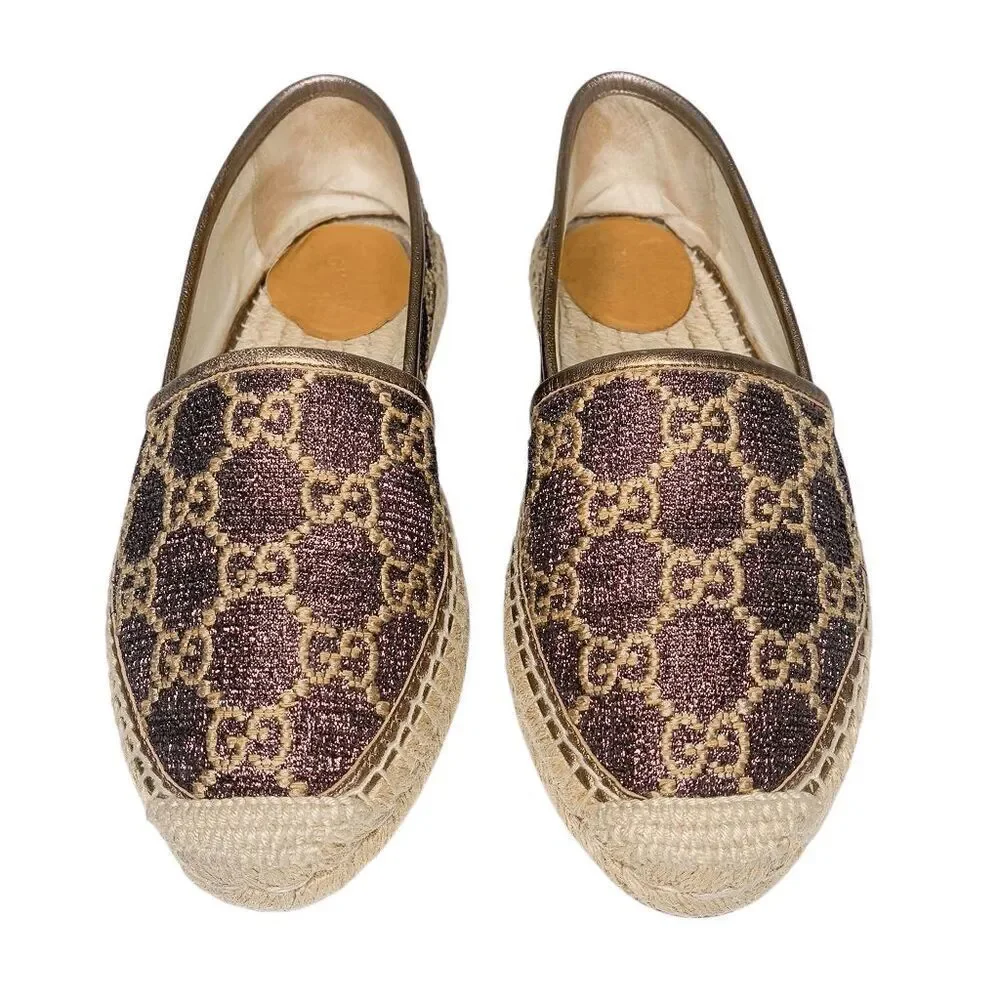Gucci GG Logo Lamé Canvas Espadrilles Brown Bronze Metallic Logo Flats 37.5